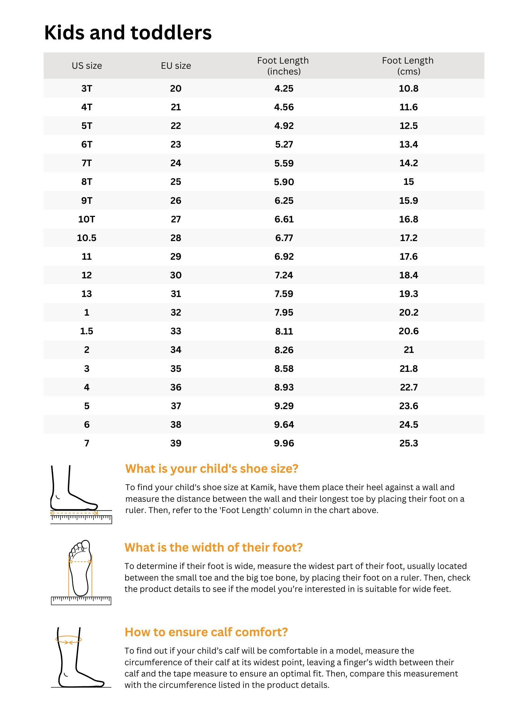 Sizing chart for Crab Print - Kids' Closed-Toe Sandals