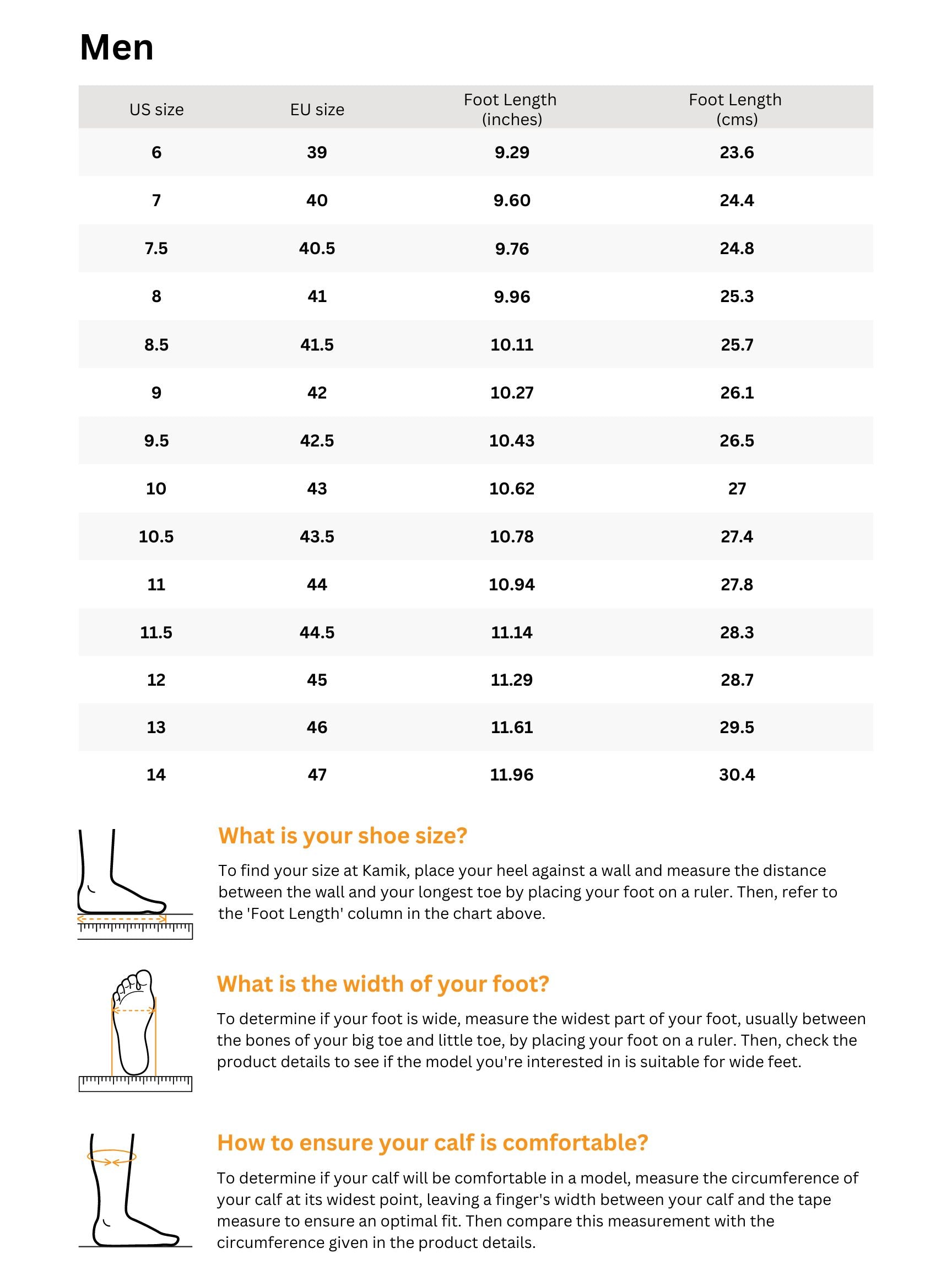 Sizing chart for TREK LITE Mid pour hommes