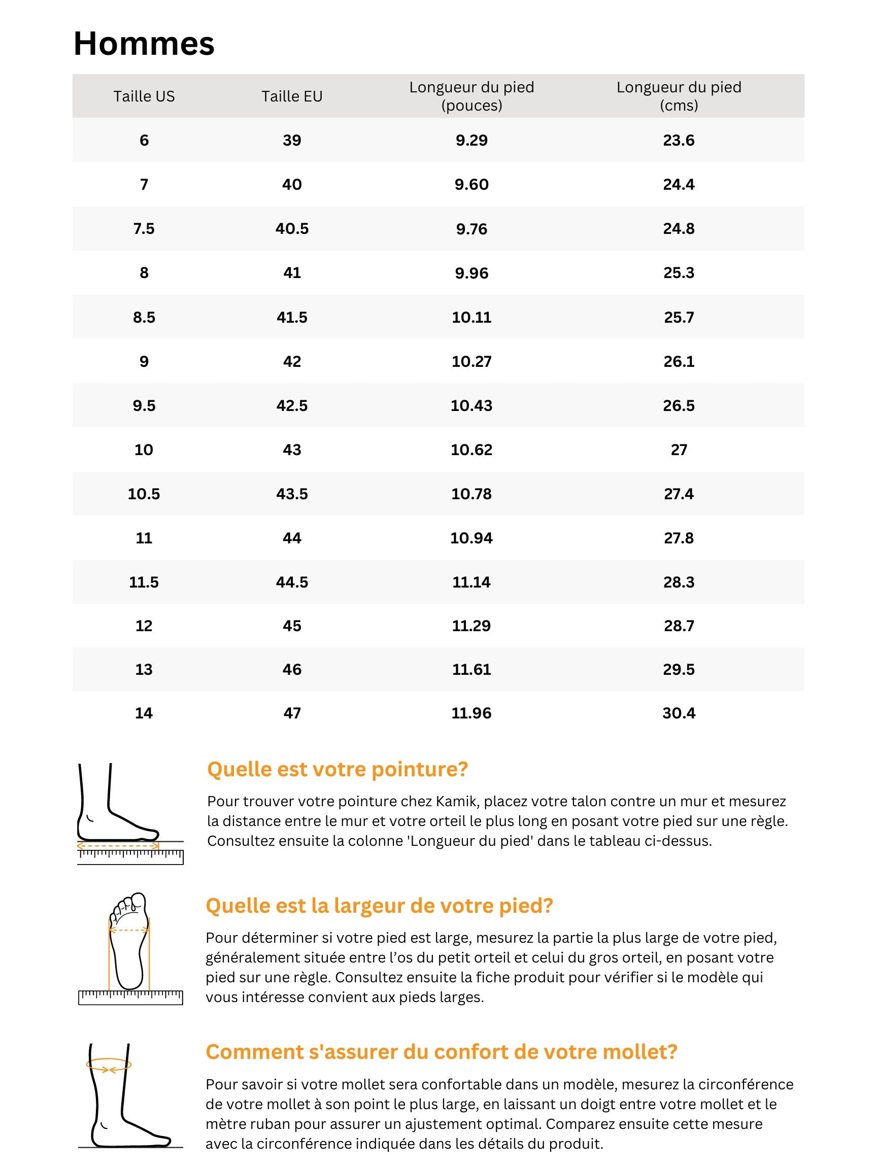 Tableau des tailles pour TERRAIN MID pour hommes