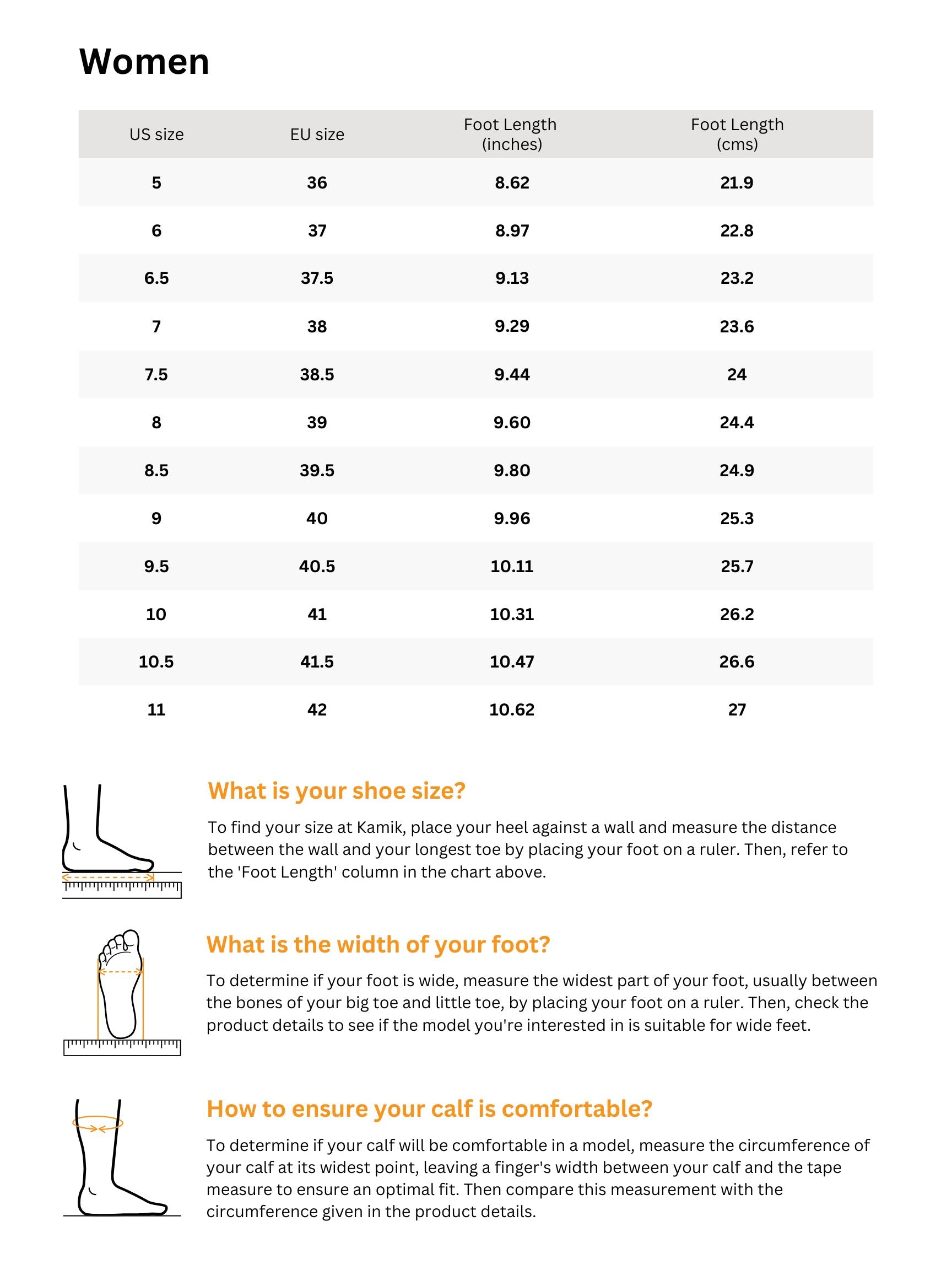 Sizing chart for Women's Zylex® 8mm Replacement Liner